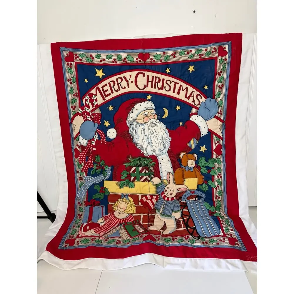 VINTAGE Christmas Santa Claus Wallhanging Screen Print Decoration Holiday 37”x46